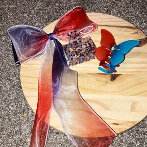 Hand Crafted Red and Blue Kids Hair Accessories Set 3 Pieces Total Patriotic